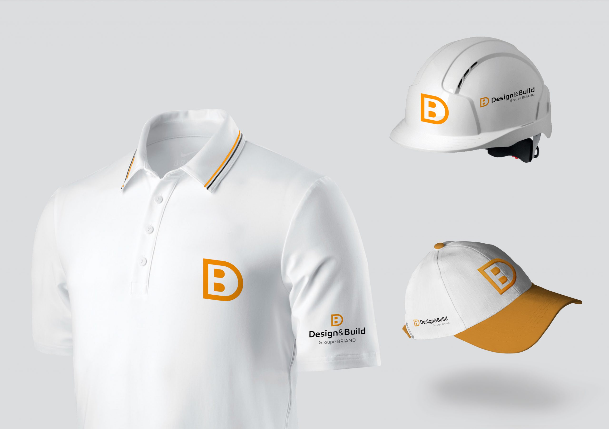 Déclinaisons logo Design & Build sur t-shirt et casque